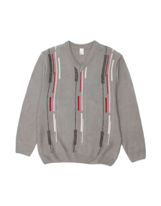 Vintage V-neck Jumper Sweater EU 52 Large In Grey Striped