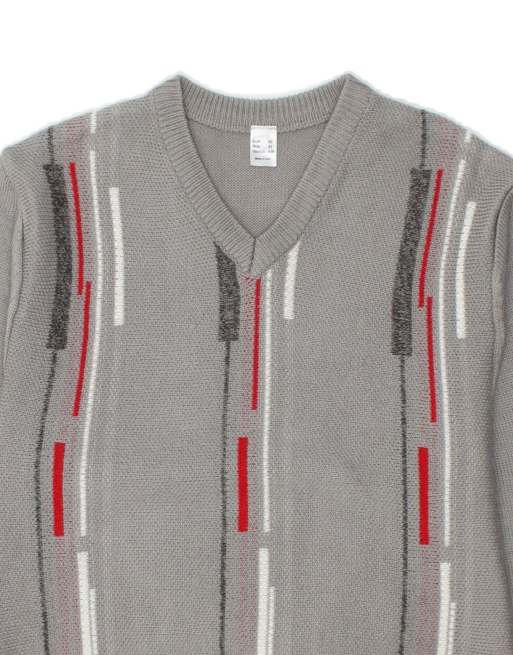 Vintage V-neck Jumper Sweater EU 52 Large In Grey Striped, 3 of 4