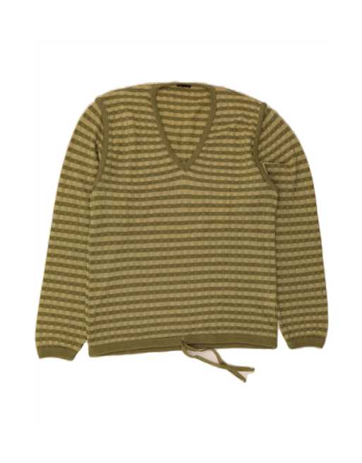 Vintage V-neck Jumper Sweater It 44 Medium In Green Striped Wool