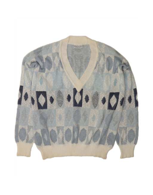Vintage V-neck Jumper Sweater It 46 Large In Blue Geometric