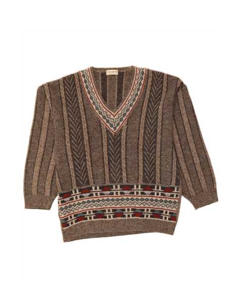 Vintage V-neck Jumper Sweater It 48 Medium In Brown Fair Isle - view 1