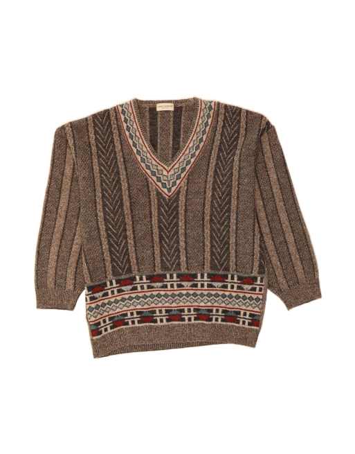 Vintage V-neck Jumper Sweater It 48 Medium In Brown Fair Isle
