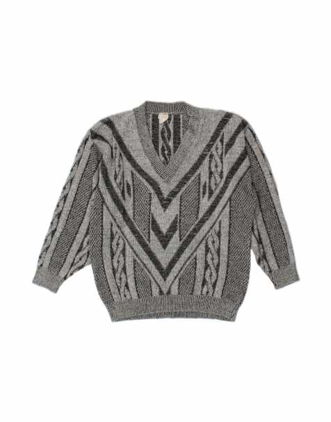 Vintage V-neck Jumper Sweater It 50/52 Medium In Grey Geometric Wool - view 1