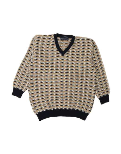 Vintage V-neck Jumper Sweater It 50 Medium In Grey Check