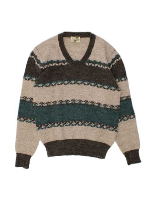 Vintage V-neck Jumper Sweater It 50 Medium In Grey Striped