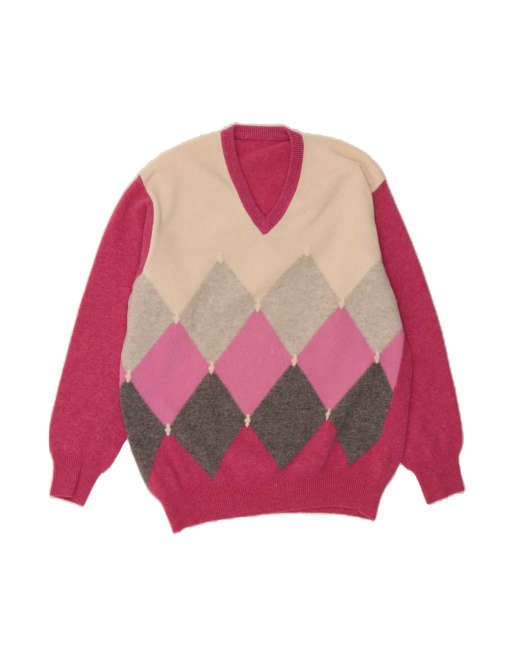 Vintage V-neck Jumper Sweater It 50 Medium In Pink Argyle/diamond