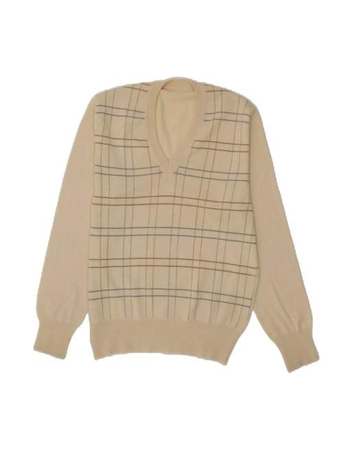Vintage V-neck Jumper Sweater It 52 2XL In Off In White Check Virgin