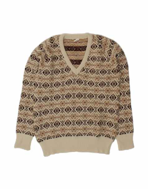 Vintage V-neck Jumper Sweater It 52 Large In Beige Geometric Wool - view 1