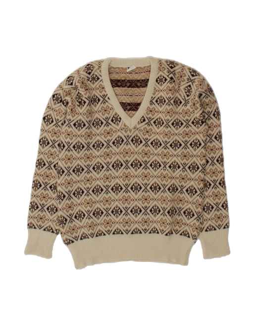 Vintage V-neck Jumper Sweater It 52 Large In Beige Geometric Wool