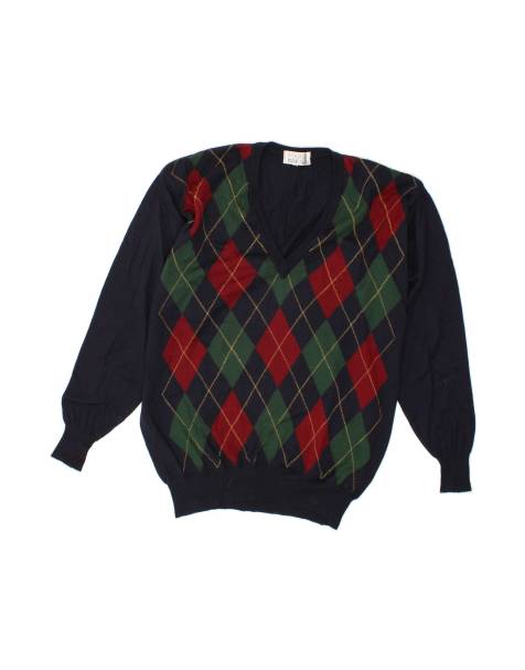 Vintage V-neck Jumper Sweater It 52 Large In Blue Argyle/diamond - view 1