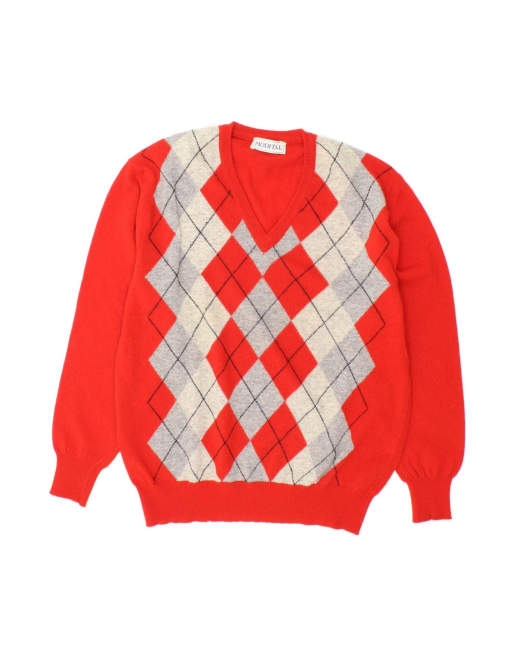 Vintage V-neck Jumper Sweater It 52 Large In Red Argyle/diamond