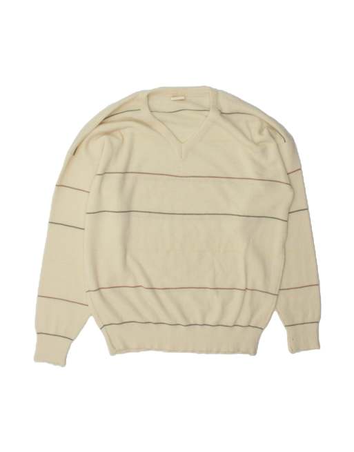 Vintage V-neck Jumper Sweater It 54/56 XL In Beige Striped