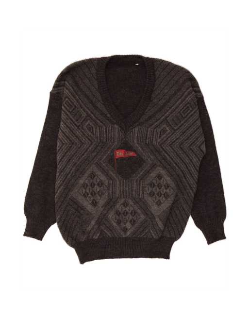 Vintage V-neck Jumper Sweater It 54 XL In Grey Argyle/diamond Wool