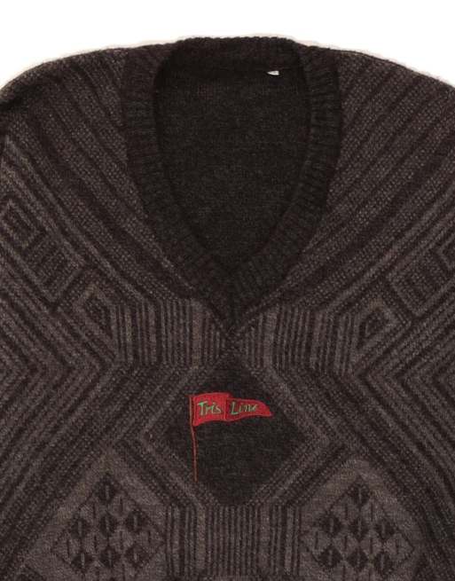 Pull Homme Vintage Laine Vierge - Gris Motif Argyle - Taille IT 54 (XL) - Années 90
