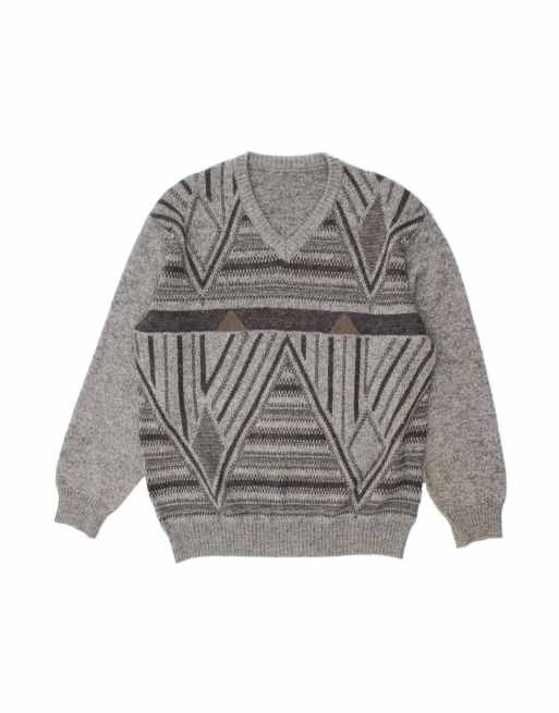 Vintage V-neck Jumper Sweater It 54 XL In Grey Geometric