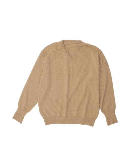Vintage V-neck Jumper Sweater Large In Beige Merino