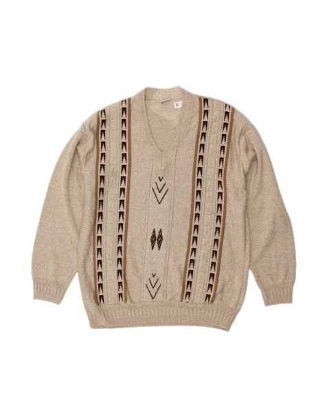 Vintage V-neck Jumper Sweater Large In Beige Striped - view 1