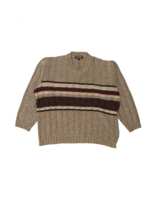 Vintage V-neck Jumper Sweater Large In Beige Striped