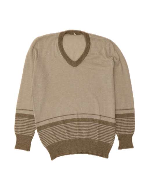 Vintage V-neck Jumper Sweater Large In Beige Striped