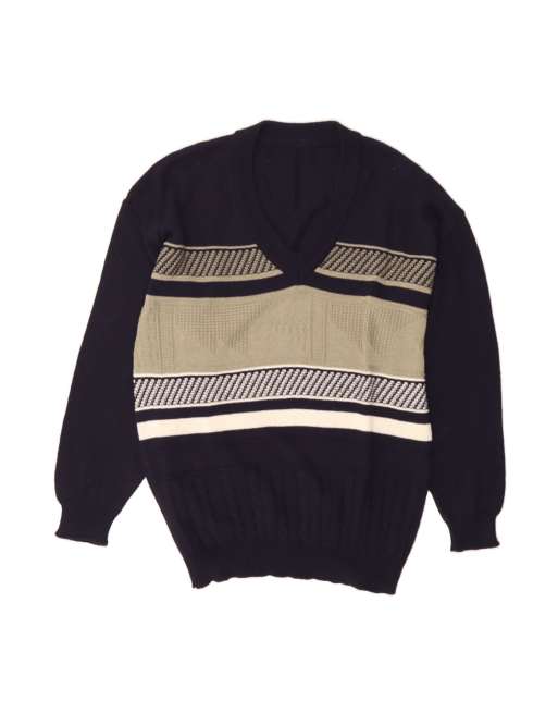 Vintage V-neck Jumper Sweater Large In Blue Colourblock