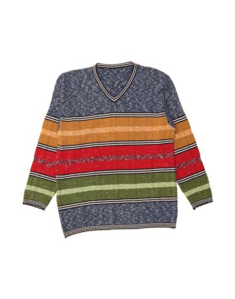Vintage V-neck Jumper Sweater Large In Blue Striped - view 1