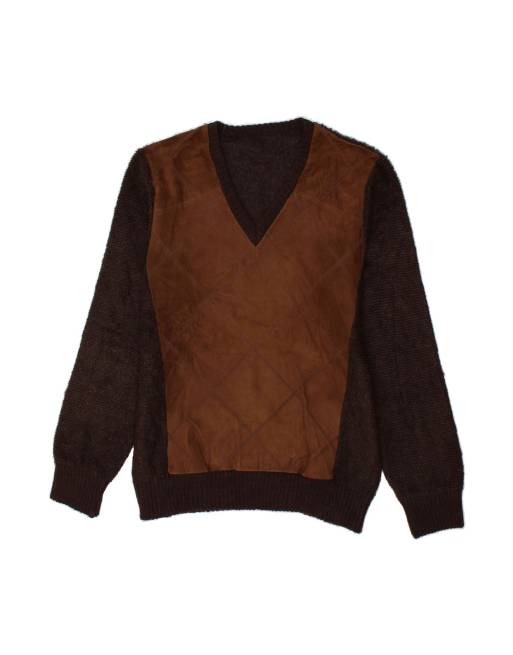 Vintage V-neck Jumper Sweater Large In Brown Argyle/diamond