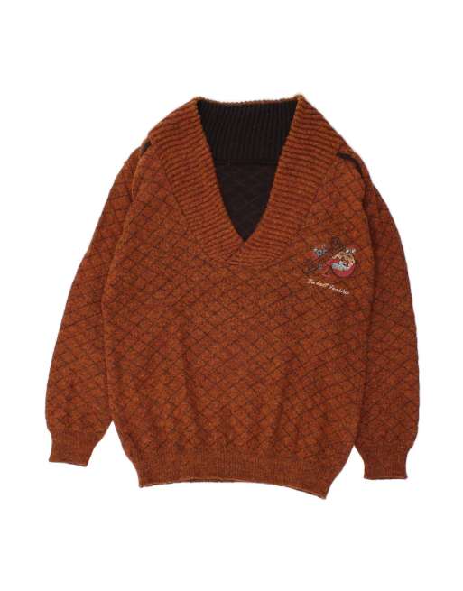 Vintage V-neck Jumper Sweater Large In Brown Check