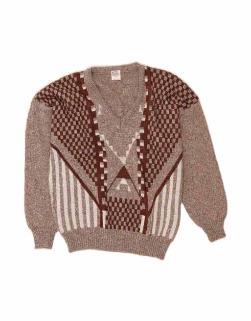 Vintage V-neck Jumper Sweater Large In Brown Geometric