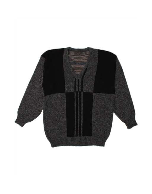 Vintage V-neck Jumper Sweater Large In Grey Colourblock