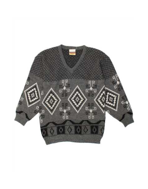 Vintage V-neck Jumper Sweater Large In Grey Fair Isle - view 1