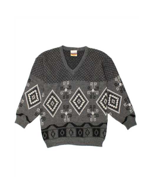 Vintage V-neck Jumper Sweater Large In Grey Fair Isle