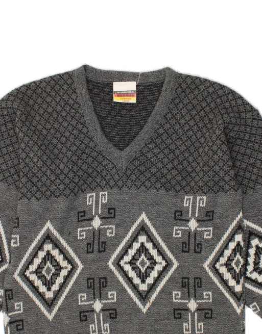 Vintage V-neck Jumper Sweater Large In Grey Fair Isle, 3 of 4