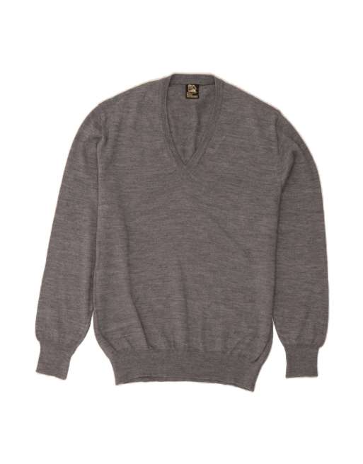 Vintage V-neck Jumper Sweater Large In Grey Flecked Wool