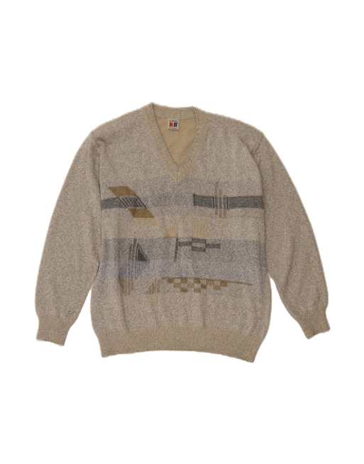 Vintage V-neck Jumper Sweater Large In Grey Geometric