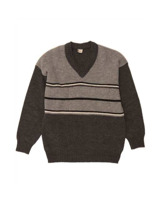 Vintage V-neck Jumper Sweater Large In Grey Striped Wool
