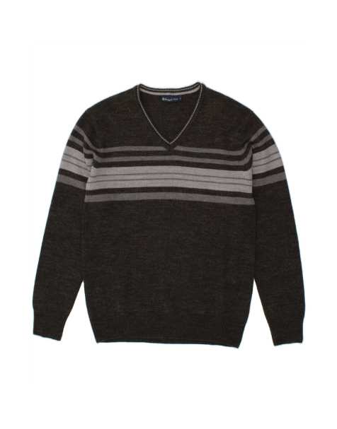 Vintage V-neck Jumper Sweater Large In Grey Striped - view 1