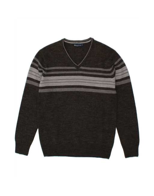 Vintage V-neck Jumper Sweater Large In Grey Striped