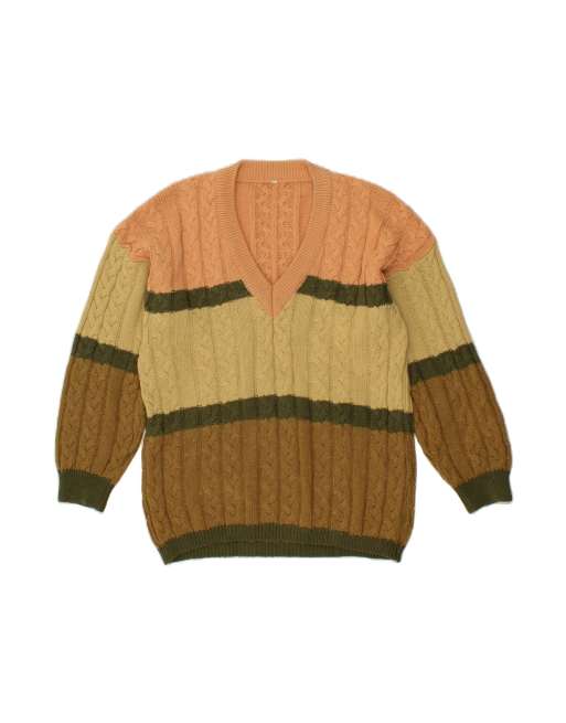 Vintage V-neck Jumper Sweater Large In Multicoloured Colourblock Wool