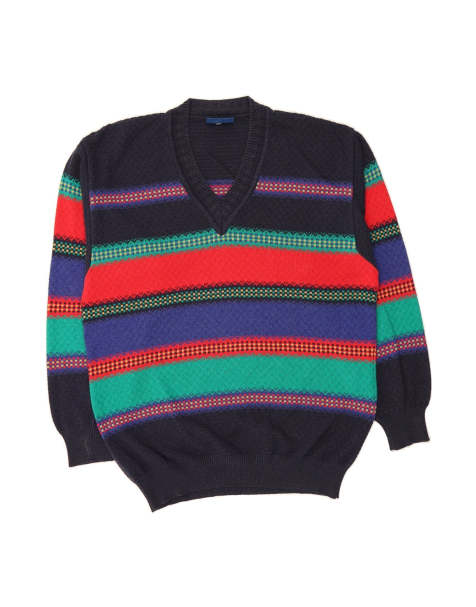 Vintage V-neck Jumper Sweater Large In Multicoloured Striped - view 1