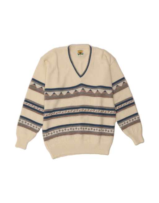 Vintage V-neck Jumper Sweater Large In Off In White Geometric