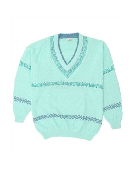 Vintage V-neck Jumper Sweater Large In Turquoise Fair Isle - view 1