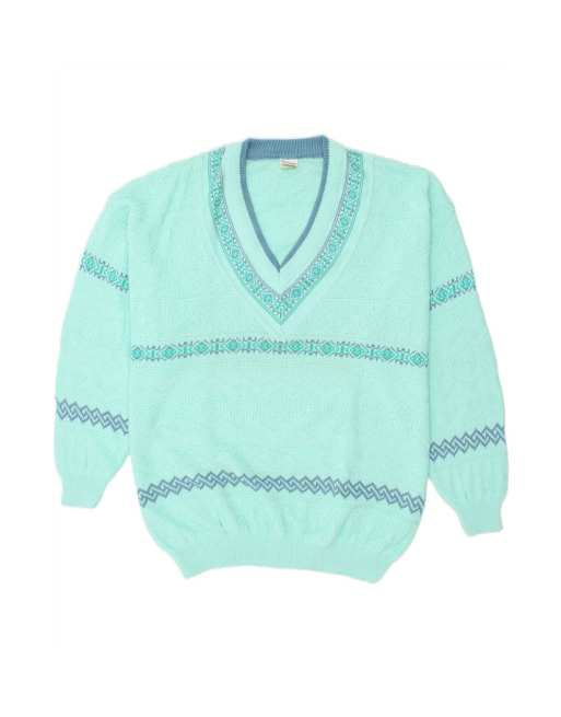 Vintage V-neck Jumper Sweater Large In Turquoise Fair Isle