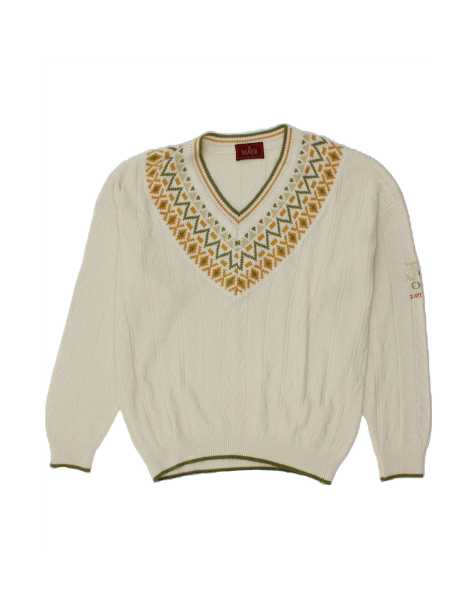 Vintage V-neck Jumper Sweater Large In White Fair Isle - view 1