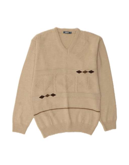 Vintage V-neck Jumper Sweater Medium In Beige Argyle/diamond