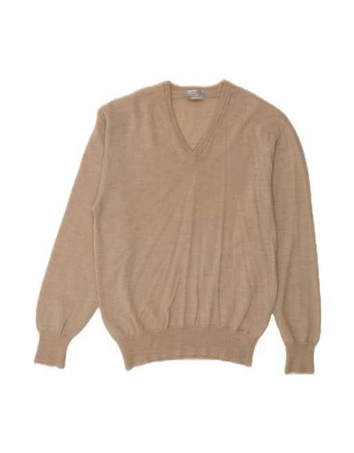 Vintage V-neck Jumper Sweater Medium In Beige Merino Wool