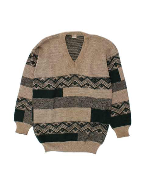 Vintage V-neck Jumper Sweater Medium In Beige Striped - view 1