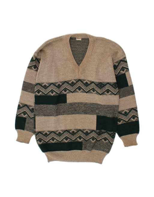 Vintage V-neck Jumper Sweater Medium In Beige Striped