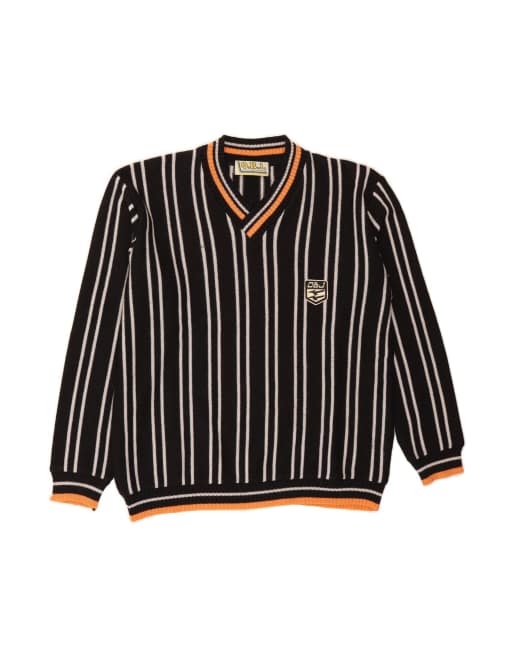 Vintage V-neck Jumper Sweater Medium In Black Striped Wool
