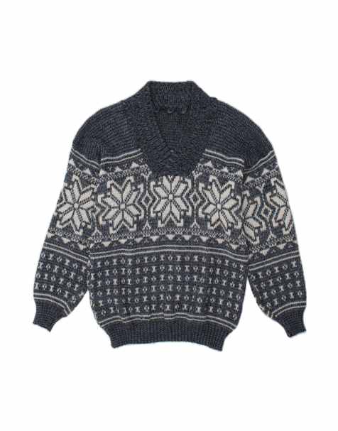 Vintage V-neck Jumper Sweater Medium In Blue Fair Isle - view 1