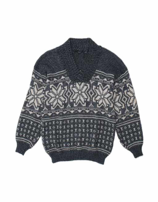 Vintage V-neck Jumper Sweater Medium In Blue Fair Isle